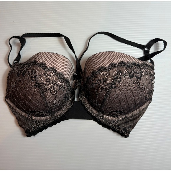 Victoria's Secret 32DD Push Up Bra Black Lace Beige Padded Adjustable Back - Picture 1 of 6